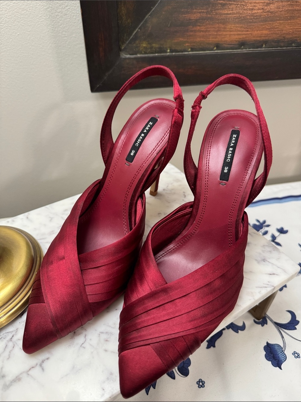 Zara Burgundy Red Satin Pointed Slingback Heels